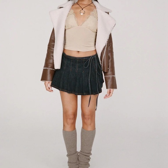 Lioness Pleated Dark Denim Mini Skirt - Picture 2 of 10